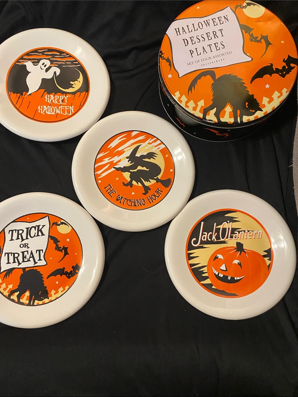 Set 4 Pottery Barn Retro Halloween 8" Dessert Lunch Plates Cat Witch Ghost JackO